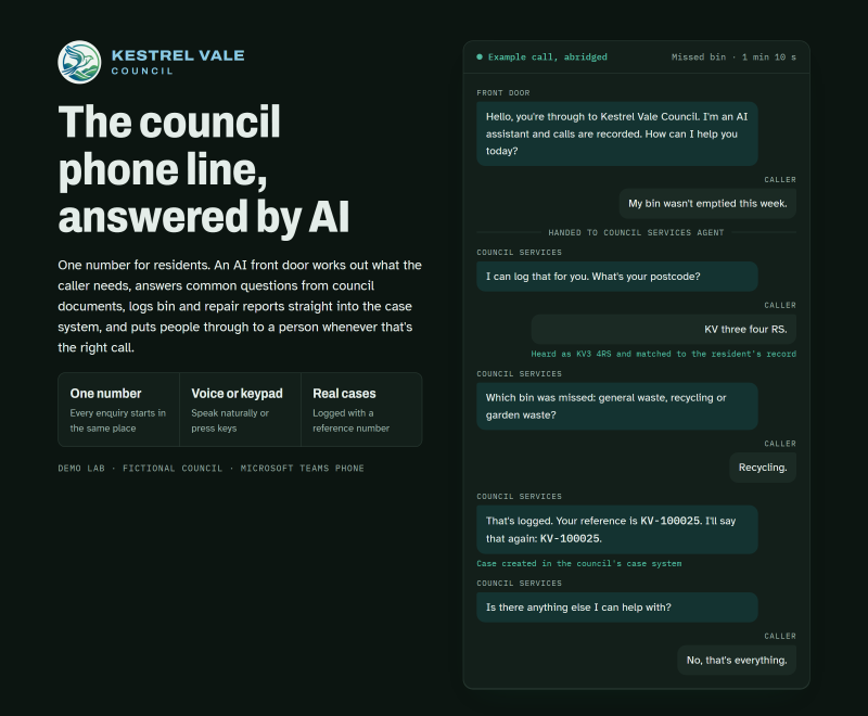 Kestrel Vale Council phone agent infographic, showing an example missed bin call